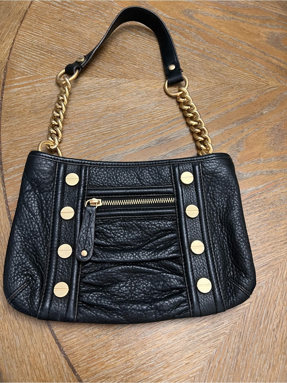 b. makowsky Black Pebbled Leather Shoulder Bag with Gold Hardware
